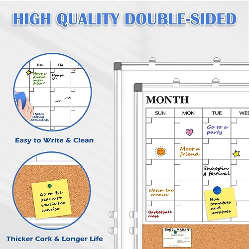 Monthly Calendar Whiteboard Dry Erase Cork Board Combo for Wall, 24" x 18" Double-Sided Calendar White Board and Bulletin Board, Portable Board for Office, Kitchen, School, Home