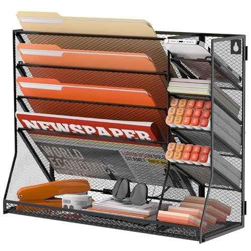 SUPEASY Wall File Organizer, 5-Tier office wall organizer with 4 Pen Holders, Wall Organizer for Office with R-shaped Bottom Tray, Metal Desk Organizer for Office, School, Home, Black