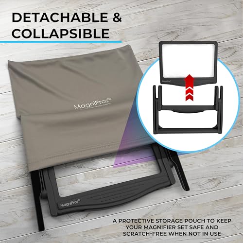 MAGNIPROS Patented 5X Large LED Page Magnifier with Detachable Stand | Eye Caring 3 Color Light Modes & Anti-Glare Lens to Reduce Eye Strain-Ideal for Reading Fine Print, Crafting, Low Vision Seniors