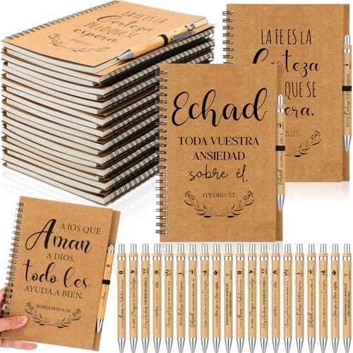 60 Pcs/30 Sets Regalos Cristianos En Espa?ol Spanish Christian Notebooks with Pen Spanish Religious Gift Bulk Motivational Journals Inspirational Pen Thank You Gift for Church (Kraft Color)