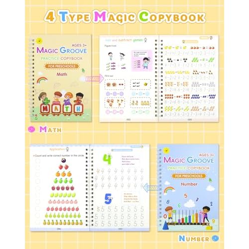 Magic Practice Copybook, Reusable Writing Practice Book, Handwriting Aid for Preschool Kids Age 3-8 (4 Books with Pens)