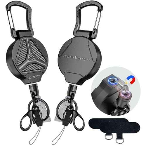 2 Pack Retractable Keychain Heavy Duty Carabiner Badge Holder Clip with Magnetic,Tactical Id Badge Reel with 32'' Steel Cord,Key Ring,Lobster Claw Clasp and Phone Tethers