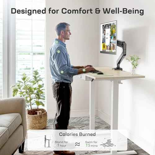 Marsail 48x24 Electric Standing Desk with Drawer, Computer Desk, Sit Stand Office Table with Storage & Hooks & Cable Management, Ergonomic Height Adjustable Table for Home Office, Maple