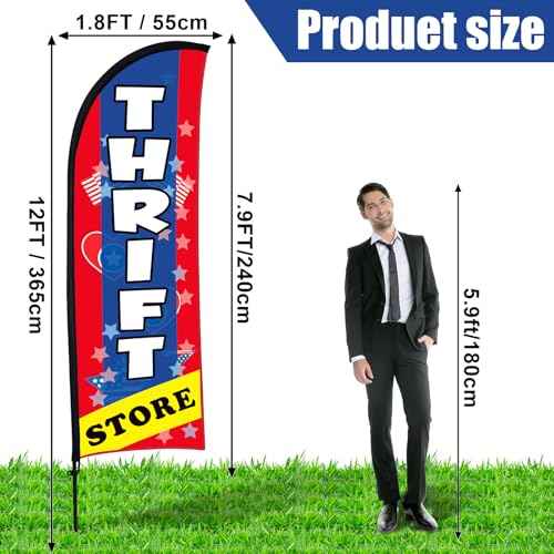 Buryeah 11ft Thrift Store Feather Flag Banner Sign for Business Advertising Swooper Flag Sign with Flagpole Ground Stake Portable Bag Thrift Store Signs Banner Set for Outside Business