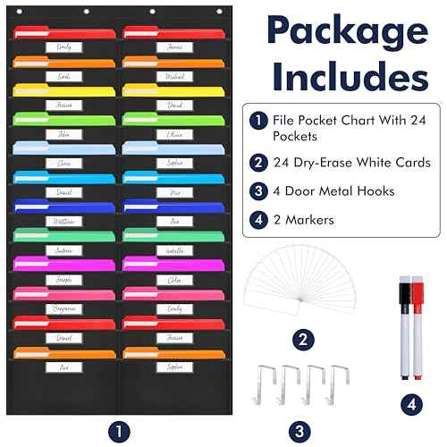 24 Pockets Heavy Duty Storage Chart, Hanging Wall File Organizer, Plus 4 Over Door Metal Hangers, 2 Markers & 24 Erasable Blank Cards, Organize Your Assignments, Files, Scrapbooks Papers (28¡± x 50.5¡±)