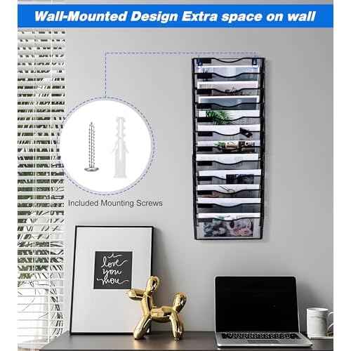 Wall File Holder, 12 Pockets Hanging File Folder, Paper Organizer Storage, Document Rack, Mail Holder, Magazine Rack, Wall Organizer for Office, Black