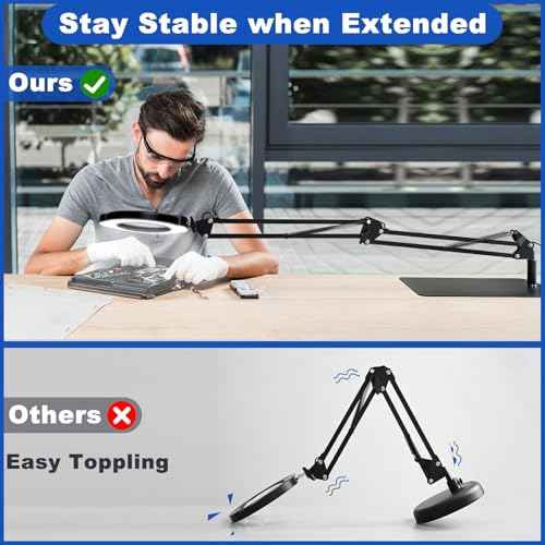 15X Magnifying Glass with Light and Stand, 2-in-1 Lighted Magnifying Desk Lamp Dimmable Magnifier Lamp with Light and Clamp Long Arm 84PCS LED Beads Real Glass Lens for Work Close Work Hobby