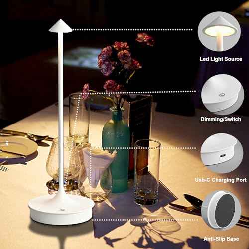 Cordless Table Lamp, Rechargeable Table Light Battery Powered LED Desk Lamp, Stepless Dimming Bedside Lamp, Minimalist Night Light in Aluminum for Restaurant/Bar/Home/Outdoor,White,2Pack