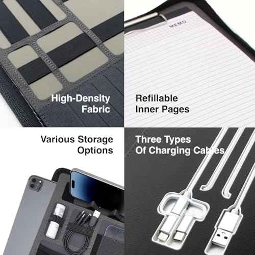 Leather Zipper Portfolio Binder with Wired Charging, Clipboard ? Business Organizer Padfolio Folder with Built-in 8000mAh Power Bank, Zip Up Binder & Portfolio Clipboard for Women/Men