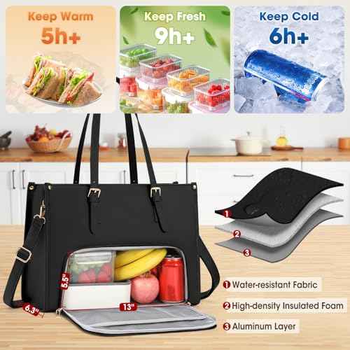 Lunch Tote Bag for Women 15.6 Inch Laptop Bag with Insulated Lunch Compartment Leather Quilted Computer Tote for Teacher Work