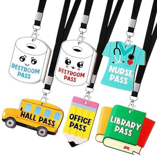 6 Sets Durable Wooden Classroom Pass Lanyards for School - Restroom,Library,Office Nurse Permission Passes for Elementary Middle High School