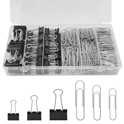 DENGXINWEI 350 Pcs Paper Clips & Binder Clips Set, Black - Assorted Sizes