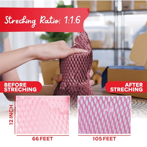 Pink Honeycomb Packing Paper for Moving 12x66 Feet - Cushion Wrap with Fragile Stickers