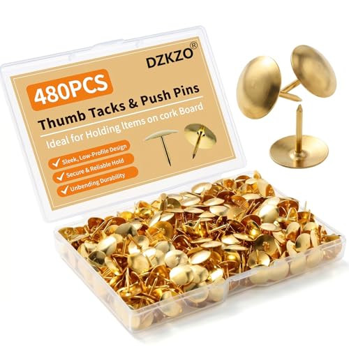 DZKZO Gold Thumb Tacks 480-Piece Set, Flat Push Pins for Bulletin Boards & Wall Displays