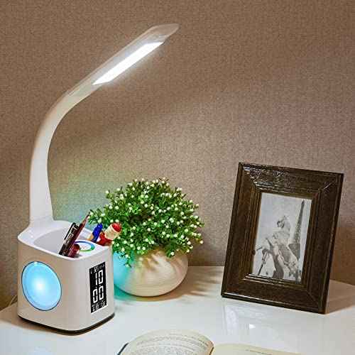 7-in-1 Study Desk Lamp with USB Charging, Screen, Calendar, Color Night Light, Kids LED Table Lamp with Pen Holder, Clock, Reading Light, 10W