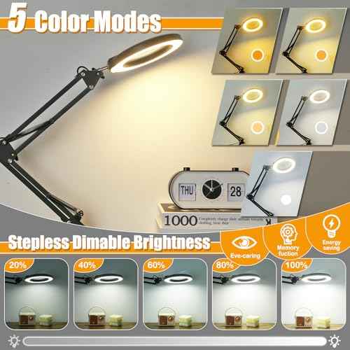 10X Magnifying Glass with Light and Stand, 2-in-1 Lighted Magnifier with Clamp, 5 Color Modes Dimmable LED Desk Lamp Hands Free for Painting Craft Jewelry Sewing Hobby Model Close Work