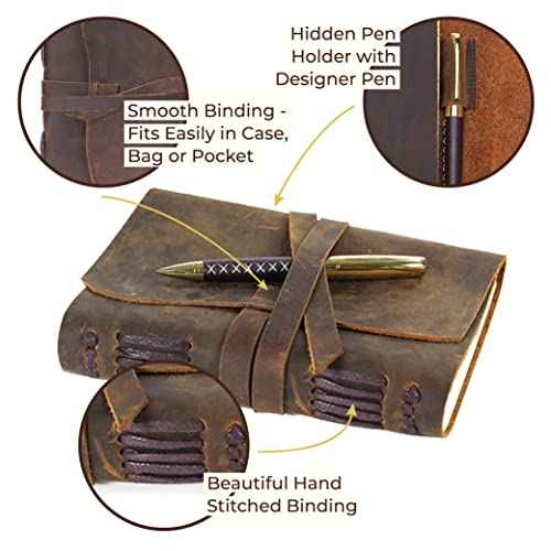 Leather Journal Gift Set with Antique Leather Bookmark + Pen, Handmade Writing Notebook 7x5 Inches Unlined Leather Bound Daily Notepad For Men For Women, Luxury Gift Box Diary for all ages