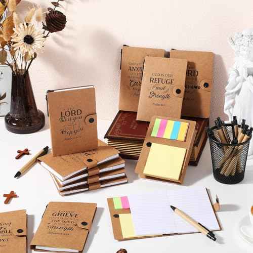 Thenshop 20 Sets Christian Gift Bulk Scripture Notebook Bible Verse Pen Religious Ballpoint Pen Sticky Note for Women Men, Church, Sunday School, Operation Christmas, Vbs, Pastor, Thanksgiving(Brown)