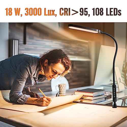 Clamp Lamp, Ultra Bright Clip on Light, CRI>95,18W, 3000 LMS, 3 Color Modes, Soft Touch Control with Timer, Eye-Caring Task Lamp with Remote for Reading, Home, Office (Adapter Included)