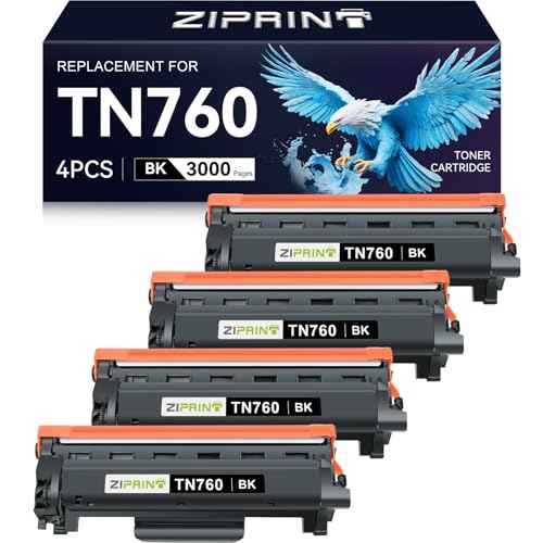 ZIPRINT TN760 Toner Cartridges Compatible Replacement for Brother TN760 TN-730 TN730 for MFC-L2710DW MFC-L2750DW DCP-L2550DW HL-L2350DW HL-L2395DW HL-L2370DW (Black, 4 Pack)
