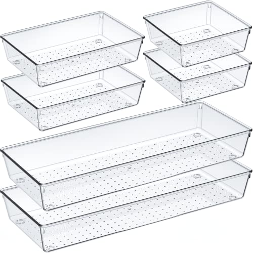 Criusia 6 Pack Large Clear Drawer Organizer Set - Non-Slip Acrylic Storage Trays for Kitchen, Bathroom, Office & Makeup