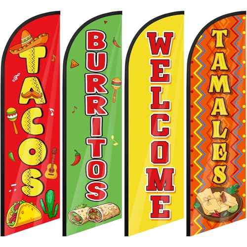 4 Pcs Mexican Food Tacos Feather Flag 7. 9 ft x 23. 6 Inch Mexican Restaurants Advertising Banner Sign for Burritos Tamales and Welcome Advertising Flags Businesses Markets Outside