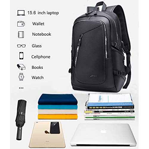 DYJ Vegan Leather Laptop Backpack for Women&Men, PU Vintage Travel Daypacks with USB Charging Port 17 Inch Laptop