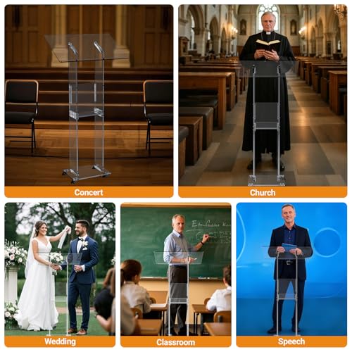 Acrylic Podium Stand 47" with Wheels - Clear Pulpit for Church, Weddings, Concerts, Classes