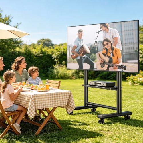 Heavy Duty Rolling TV Stand for 50-98 Inch TVs, Holds up to 200 Lbs — TVON with 1 Shelf, Mobile TV Cart