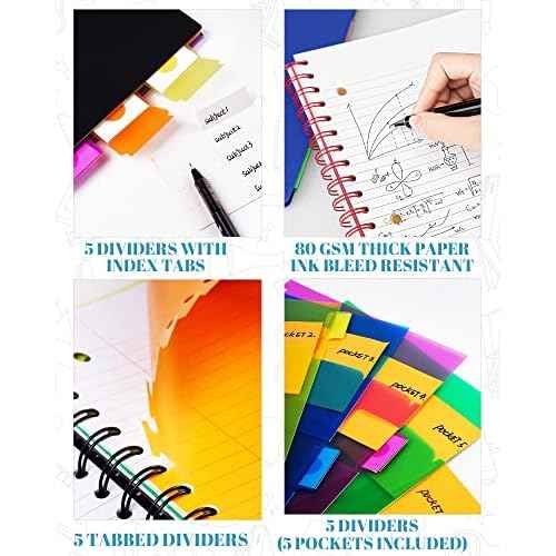 Spiral Notebook - 5 Subject Notebook, College Ruled Notebook With Dividers Pocket, Tabs Label (3PackMulti)