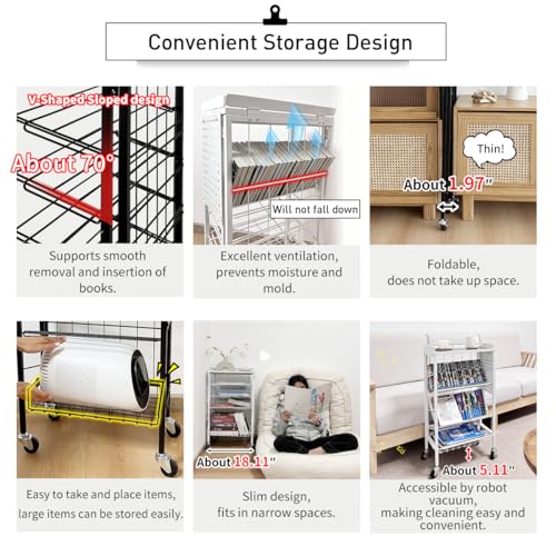 Lumizone Foldable Book Cart 6-Tier Large Capacity Bookshelf Single Sided V-Shaped Sloped Shelves With brake Wheels With PegBoard Slim Rolling Utility Cart Storage Rack, Home Shelves and Office (White)