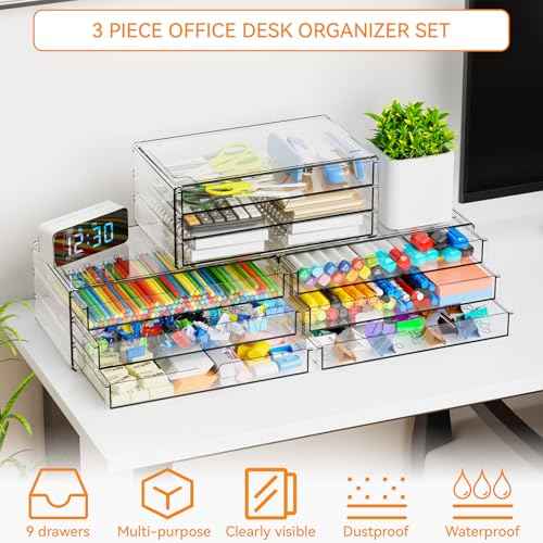 Yieach 11.1 Inch Long Clear Drawer Organizers Stackable,3 Pack Small Acrylic Drawers,School,Office Supplies Organizer And Storage Bins for Stationery,Marker,Pen,Pencil,Craft Desktop Storage Drawers
