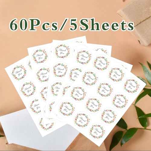 60 Thank You Labels, 2 Inch Thank You Stickers, Envelope Seals for Small Business