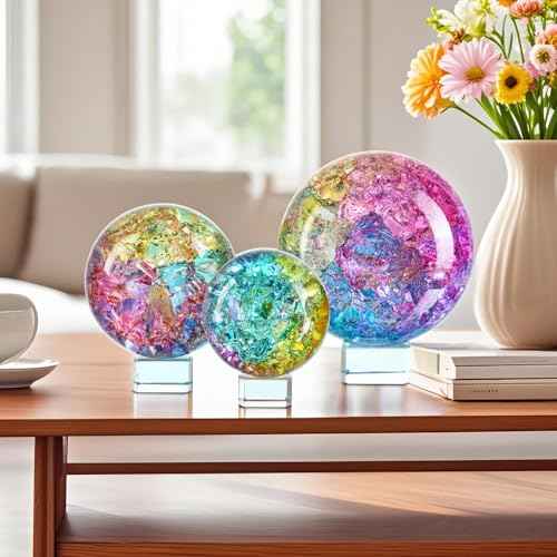Set of 3 Colorful Cracked Crystal Balls (60/80/100mm) with Stands Healing Glass Spheres Paperweight for Yoga Meditation Feng Shui Divination Fortune Telling Home Office Christmas Decor