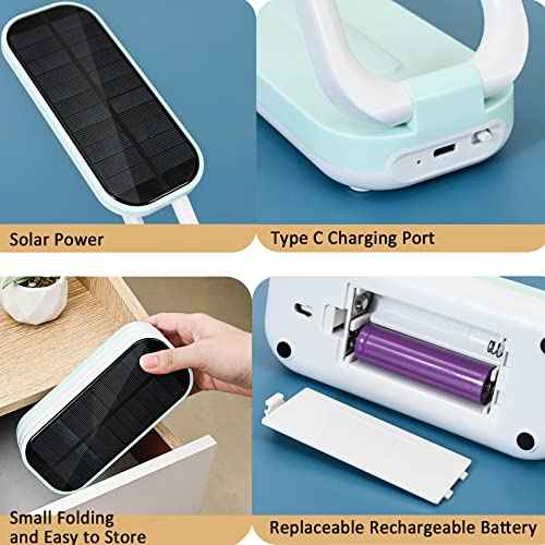 keeda Solar Foldable Desk Lamp, Portable Dimmable LED Reading Lamp with Solar & USB Charging Port for Student Bedside Night Light Cordless Table lamp for Office, Bedroom, Travel, Emergency (Blue)