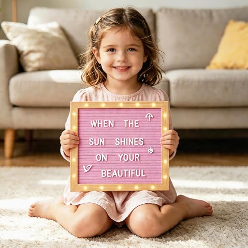 Pink Felt Letter Board with LED Lights & Wooden Stand 10x10 Inch
