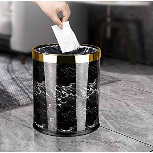 Luxury Metal Waste Bin with Leather Cover,Open Top Office Wastebasket,Double Layer Trash Can,Round Shaped (Black Marble w/ Gold Ring)