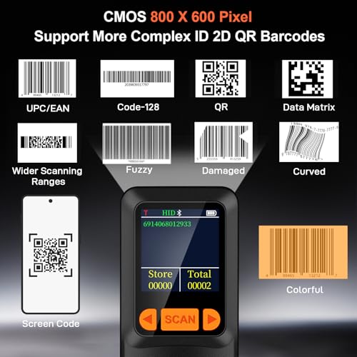 KUIIYER Mini Bluetooth Barcode Scanner, Wireless 2D QR 1D Bar Code Scanners with LCD Screen Display & Setting Keypad & AI Voice, Small Portable Handheld Barcode Reader for Smart Phone, Computers & POS