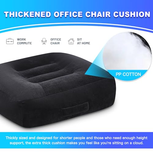 Extra Thick Seat Cushion, Large Chair Cushion Booster for Office Chair to Rise Height, Velvet Cover with Handle and Anti-Slip Bottom, PP Cotton Filling - Relieves Back Pain - 18"X16"X6" Black