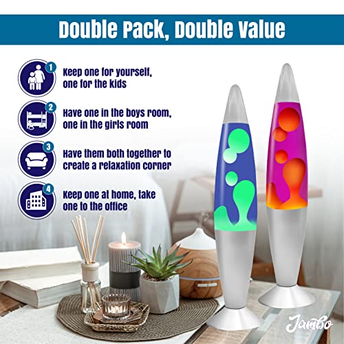 JAMBO 2 Pack- 16" Beautiful Lamp- Blue with Yellow/Green Wax and Purple with Yellow Wax, Relaxing Liquid Lamp, Night Light Nightlight, Lamps for Adults Teens Kid