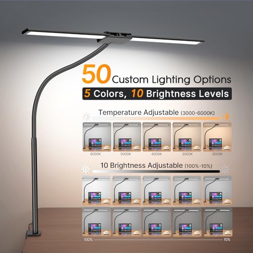 Syrinx LED Desk Lamp for Home Office ? Eye-Caring Dual Head Desk Light with Flexible Gooseneck, Clamp, Gesture/Wired Control, 50 Lighting Modes with Memory/Timer for Study, Crafting