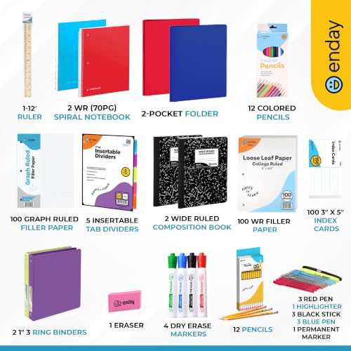 Enday 6th-8th Grade School Supplies Kit - 55 Piece Back to School Set for Kids