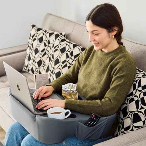 Lap Desk Pillow - Cushioned Lap Pillow for Reading, Gaming, Work & Travel, Soft & Portable Laptop Desk for Bed, Couch, or Car, Ergonomic Support for Laptops & Tablets (Grey)