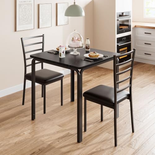 GarveeHome 3-Piece Dining Set for Small Spaces – Square Table with 2 Upholstered Chairs, Black