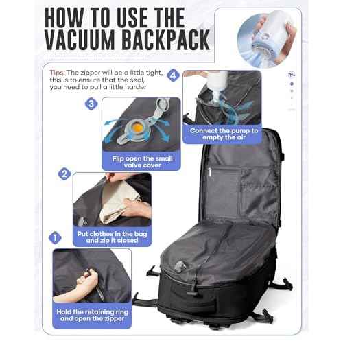 Vacuum Travel Backpack with Pump,Personal Item Carry on Backpacks Flight Approved 18x14x8 inches Men Women, Laptop Waterproof Work Compression bags hiking Casual Daypack 60L Water Resistant Luggage