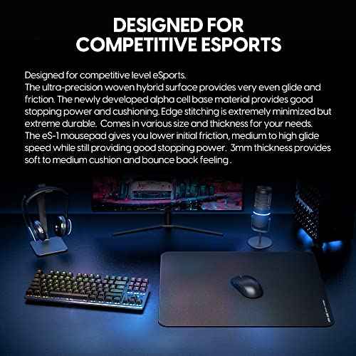 Pulsar - eS1 Esports Professional Level Gaming Mouse Pad 3mm Thickness Anti-Slip Base Anti-Fray Precision Stitching Medium to high Glide Speed 19.3in x 16.5in (XL, Black)