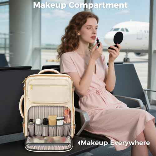 Taygeer Personal Item Travel Bag Backpack, Underseat Spirit Airlines Personal Item Bag 18x14x8 with Makeup Compartment, 18x14x8 Inches Carry on Backpack for Women Fits Spirit Frontier Allegiant, Beige