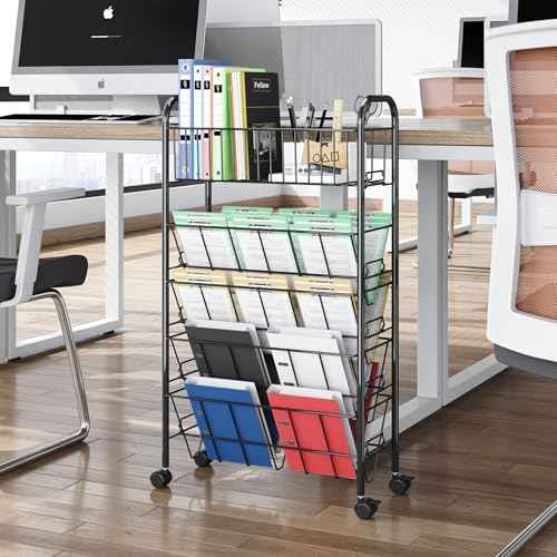 TOOLF 5 Tier Mobile Bookshelf, Metal Rolling Book Cart with Wheels, Movable Book Storage Organization for Classroom Dorm School Home, Rolling File Cart for Office Study, Black
