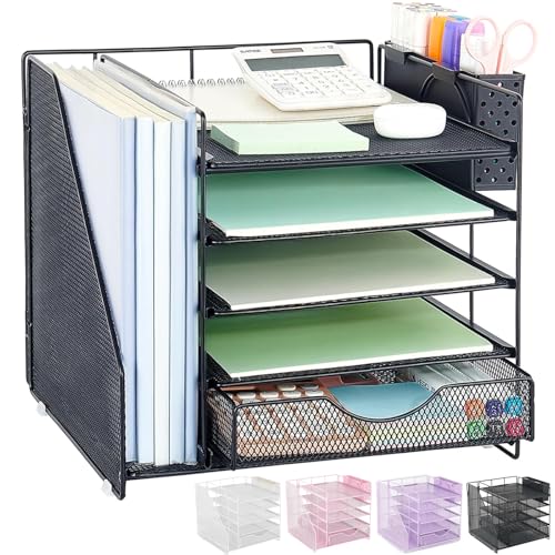 Desk Organizer with Drawer and Pen Holder, 5-Tier Paper Letter Tray Organizer with File Holder, Suitable for Workspace Organizer Office Supplies Storage (Black)