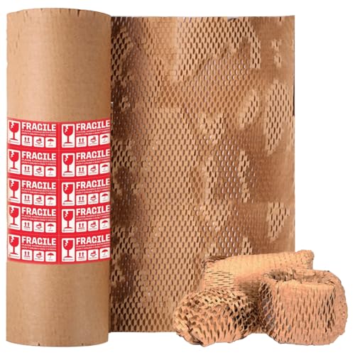 Honeycomb Packing Paper, 15"x300' Eco Friendly Packing Paper for Moving Recyclable Shipping Supplies Bubble Paper Wrapping Protective Roll, With 24 Fragile Sticker Labels